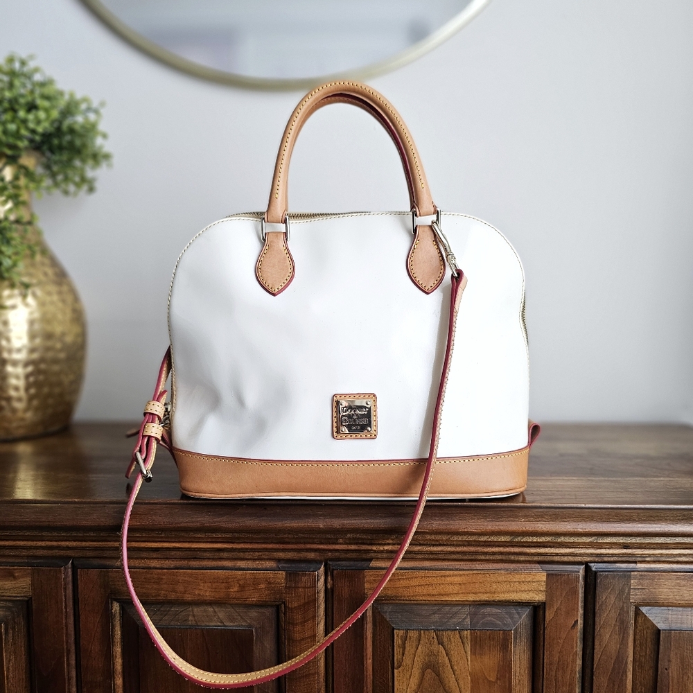 Dooney & Bourke Cream Glossy Patent Genuine Leather Satchel Zip Bag Tan Trim